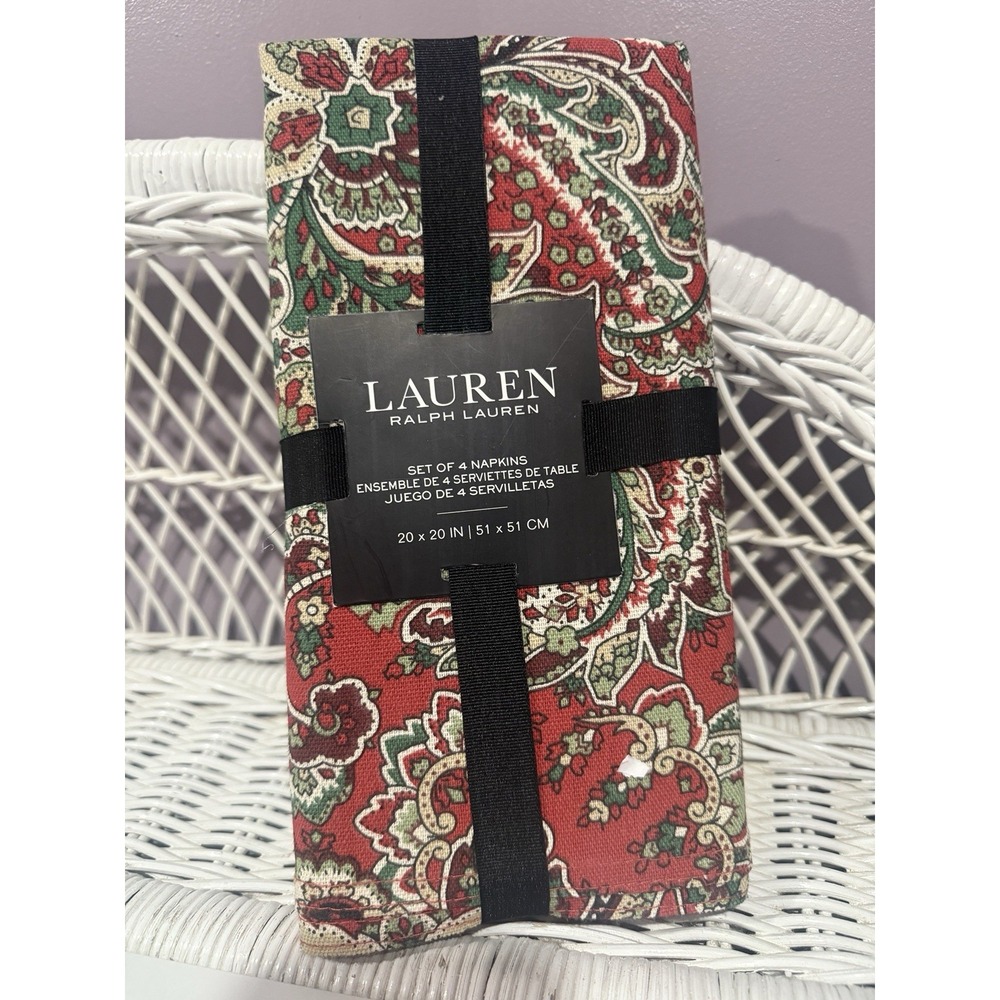 Lauren Ralph Lauren Set of 4 Paisley Cotton Napkins Red Green White 20x20" NWT